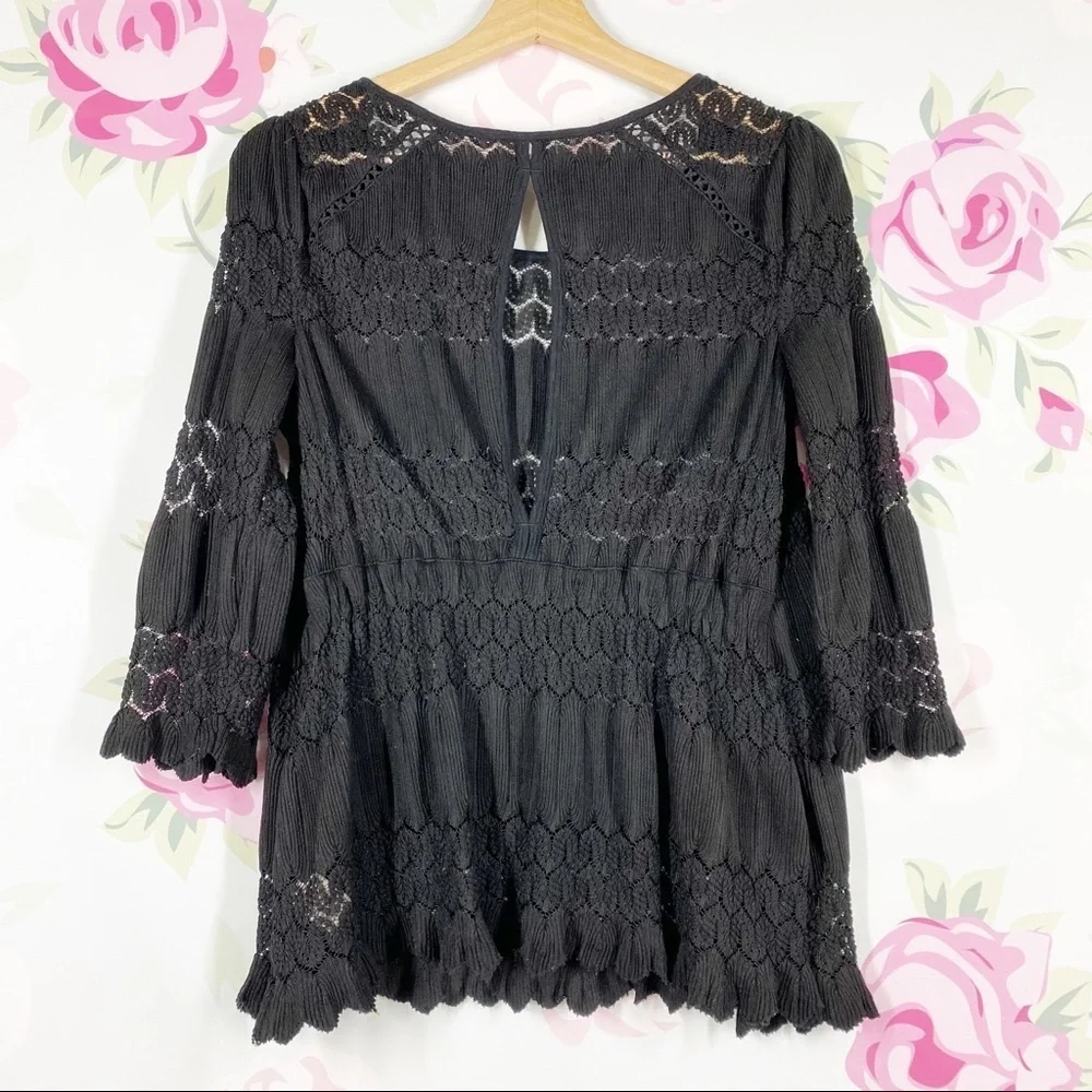 Free People Bohemian Boho Black Crochet Knit Blouse S